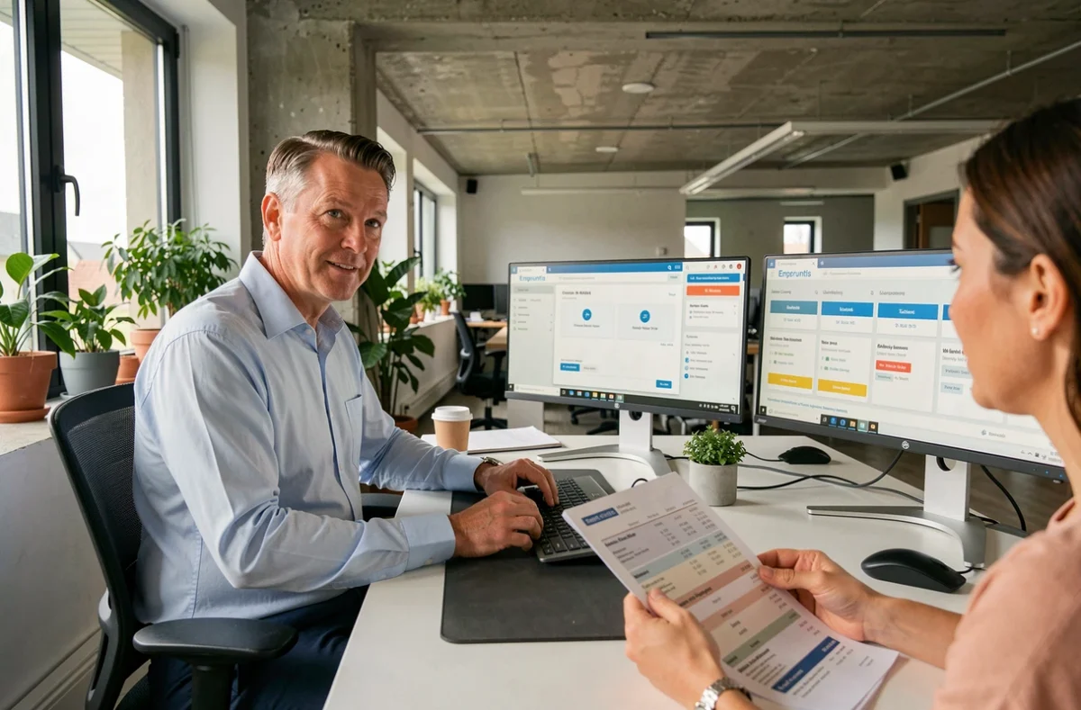Conseiller Empruntis Finistère comparant des offres de crédit immobilier sur ordinateur avec un client