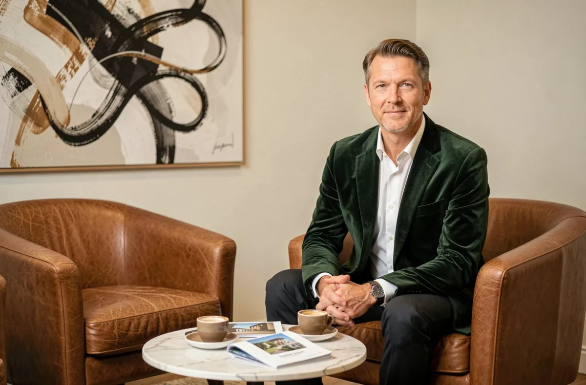 Conseiller En Aparté reçoit un client dans un salon de consultation privé et raffiné avec mobilier en cuir
