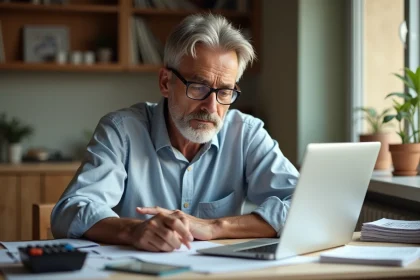 Professeur français examine ses documents financiers à la maison
