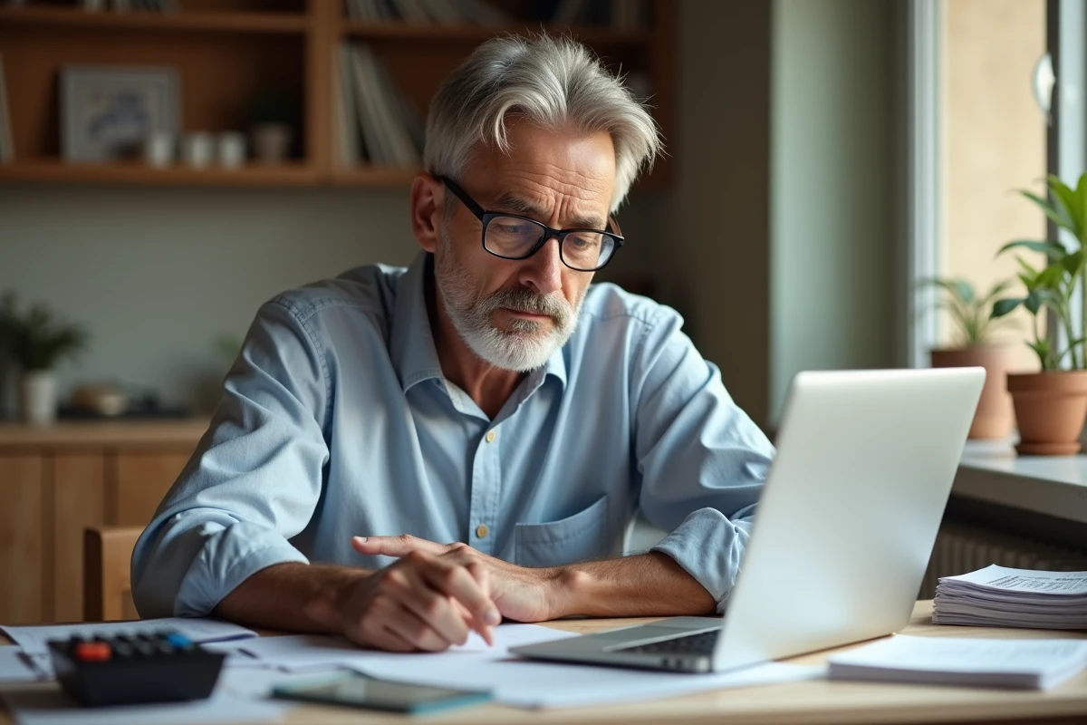 Professeur français examine ses documents financiers à la maison