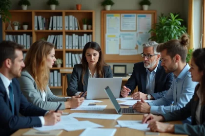 Groupe d'enseignants anxieux dans une salle du personnel