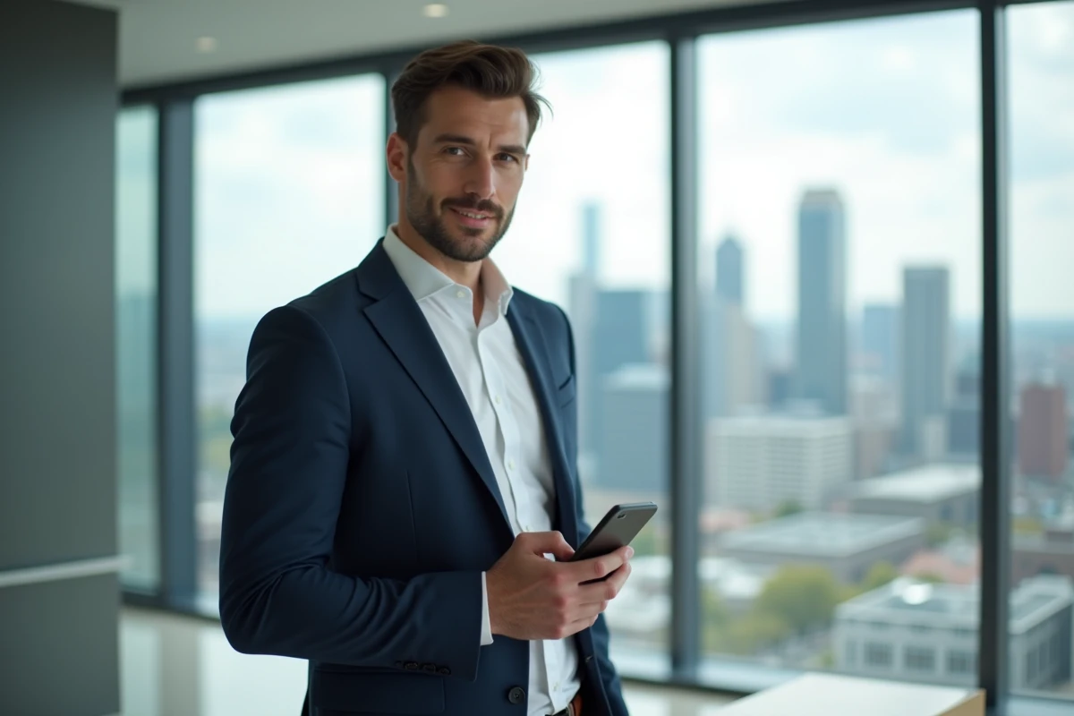 Homme d'affaires tenant un smartphone avec une chaîne YouTube devant une baie vitrée surplombant une skyline urbaine moderne