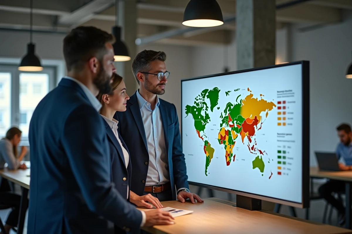 Une équipe de professionnels collabore autour d'une carte interactive des marchés émergents lors d'une réunion stratégique d'investissement