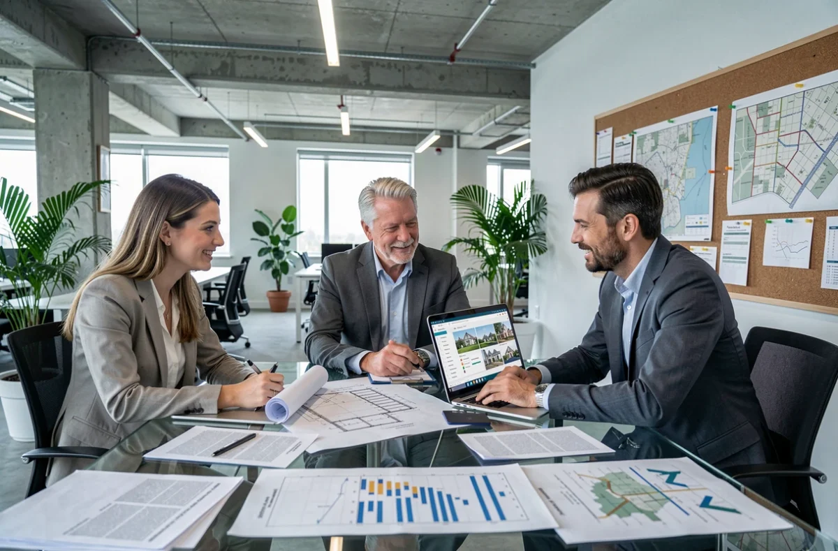 Équipe de professionnels de l'immobilier planifiant la création d'une SCPI autour d'une table de réunion