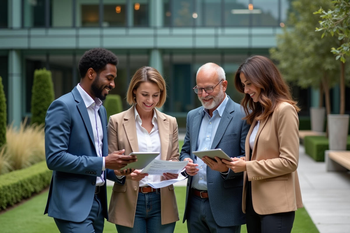 Groupe de professionnels en discussion en extérieur