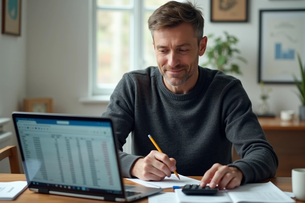 Homme calculant la conversion salaire brut en net sur ordinateur portable avec calculatrice à domicile