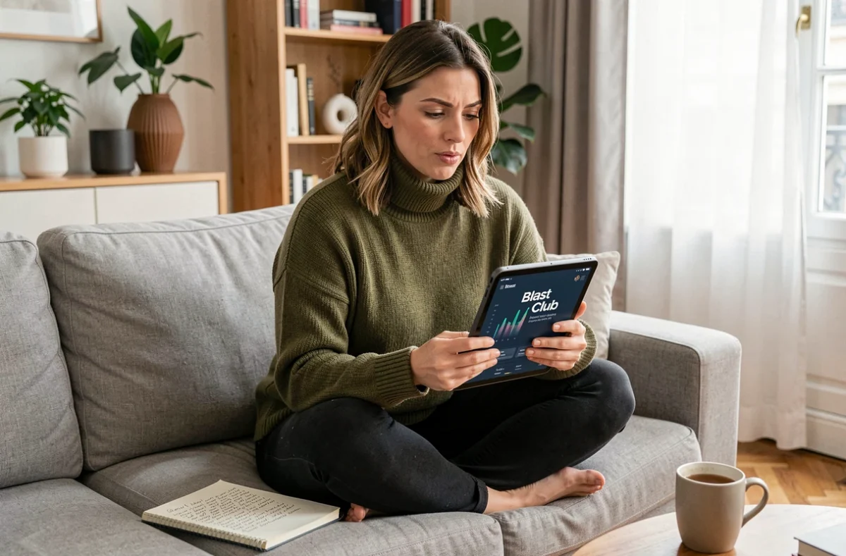 Une femme évalue une startup sur une plateforme d'investissement depuis son salon parisien