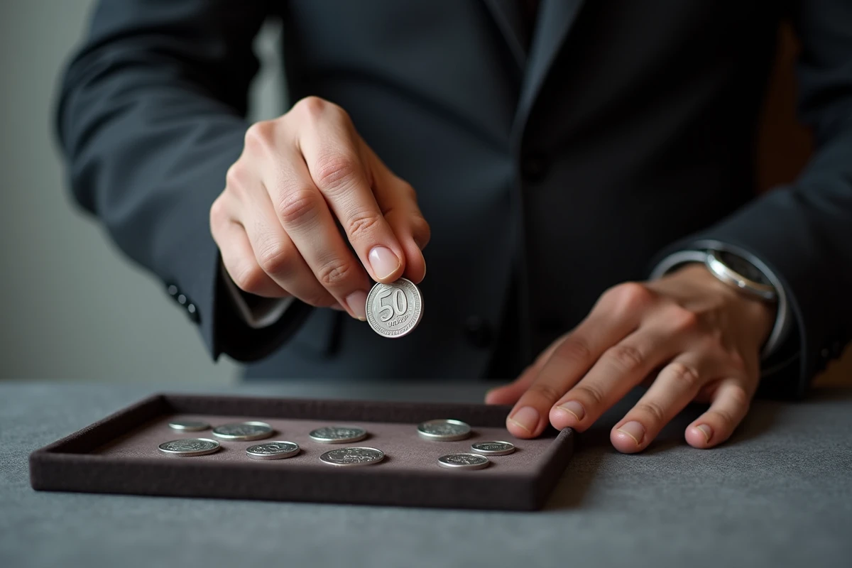 Main tenant une pièce 50 Francs argent 1977 lors d'une expertise numismatique professionnelle