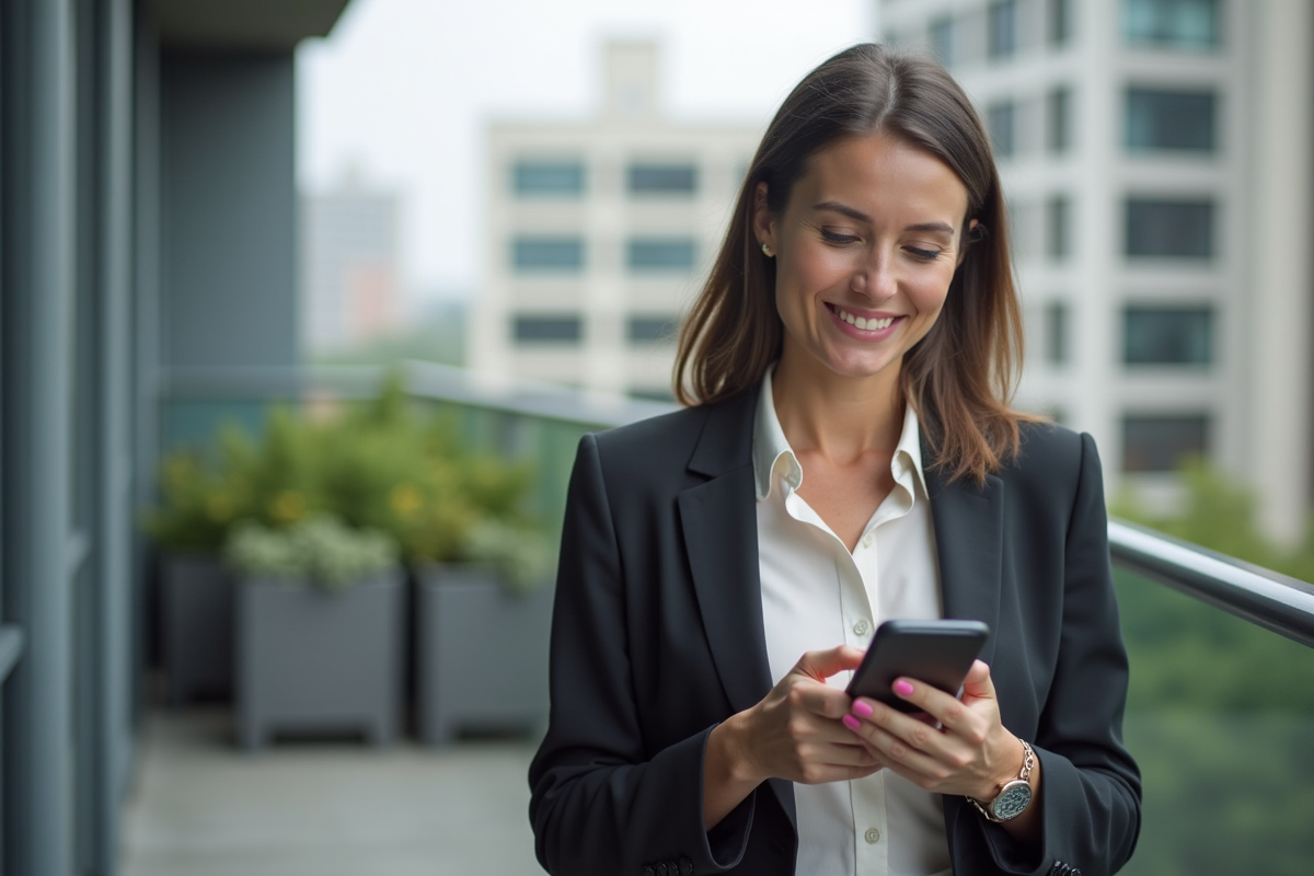 Femme d affaires regardant son smartphone en extérieur