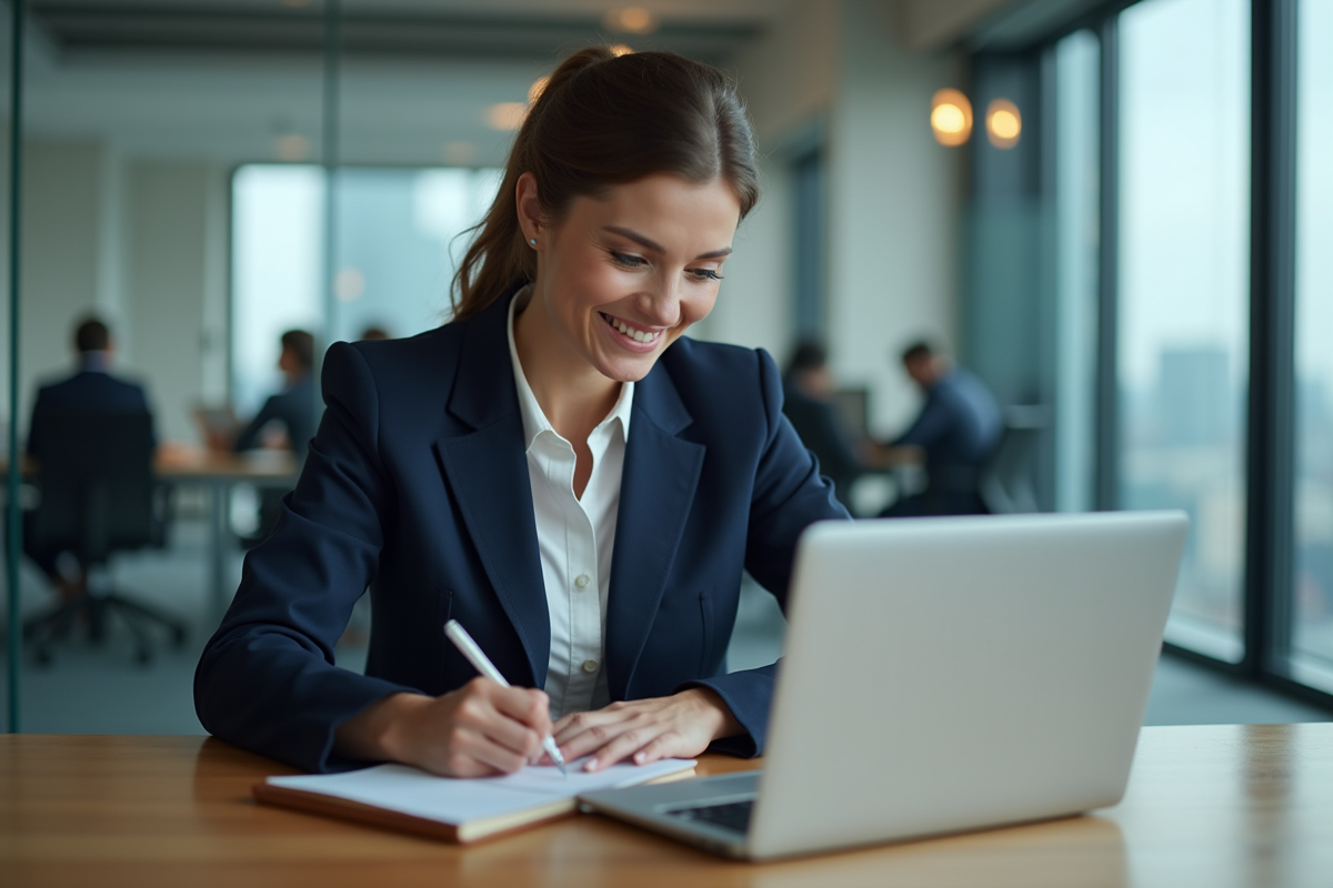 Femme d'affaires en blazer navy dans un bureau moderne