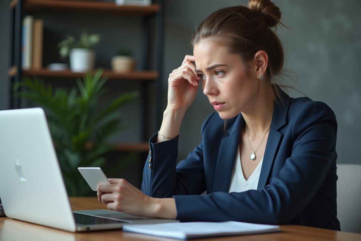 Jeune femme d'affaires regarde son ordinateur avec souci