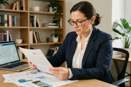Femme professionnelle analysant des documents d'investissement SCPI dans un bureau moderne à domicile