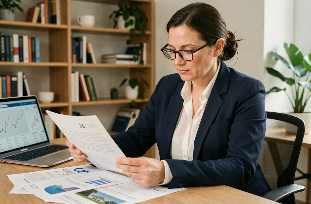 Femme professionnelle analysant des documents d'investissement SCPI dans un bureau moderne à domicile