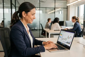 Femme professionnelle analysant un simulateur de retour sur investissement sur un ordinateur portable dans un bureau moderne