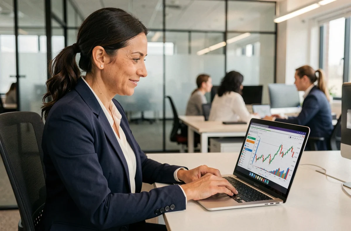 Femme professionnelle analysant un simulateur de retour sur investissement sur un ordinateur portable dans un bureau moderne