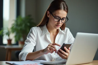 Femme consultant une application bancaire Société Générale sur smartphone dans un bureau moderne