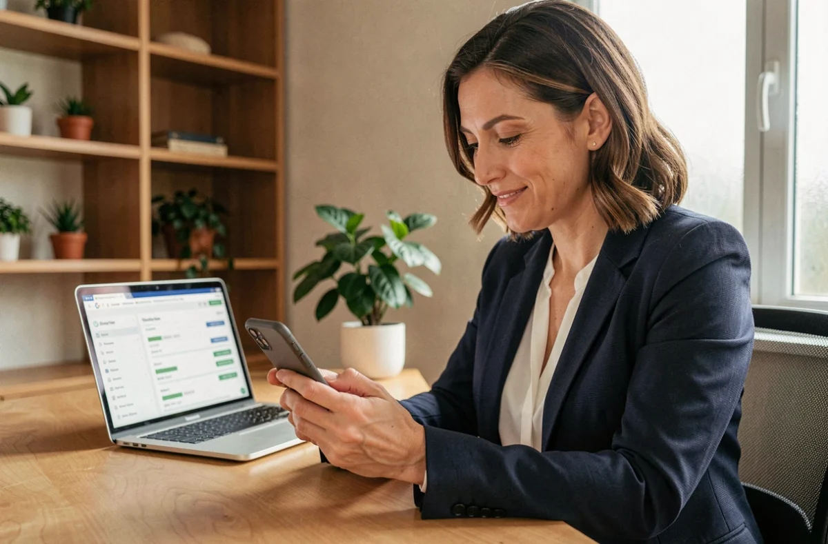 Femme utilisant l'application Ma Banque sur smartphone devant un ordinateur portable affichant un tableau de bord bancaire, dans un bureau à domicile moderne
