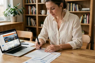 Femme consultant des documents d'assurance voyage ACS à son bureau à domicile