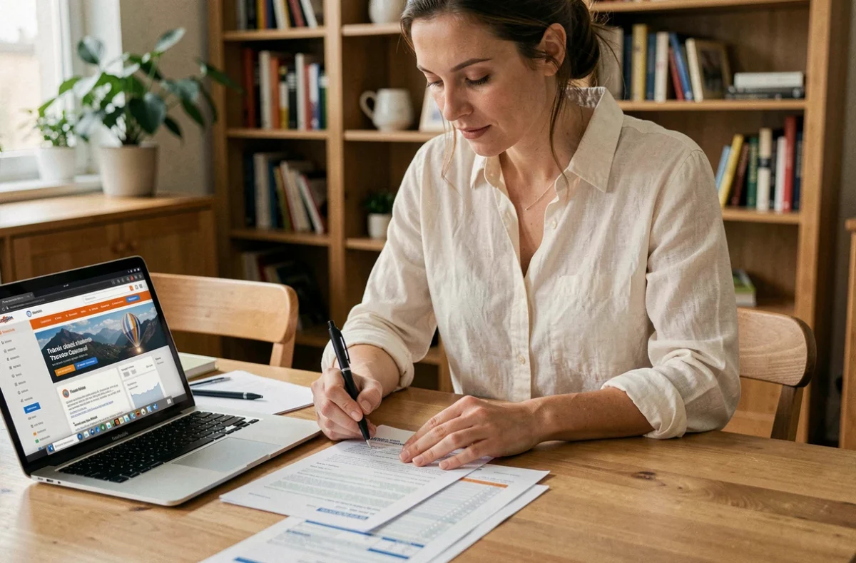 Femme consultant des documents d'assurance voyage ACS à son bureau à domicile