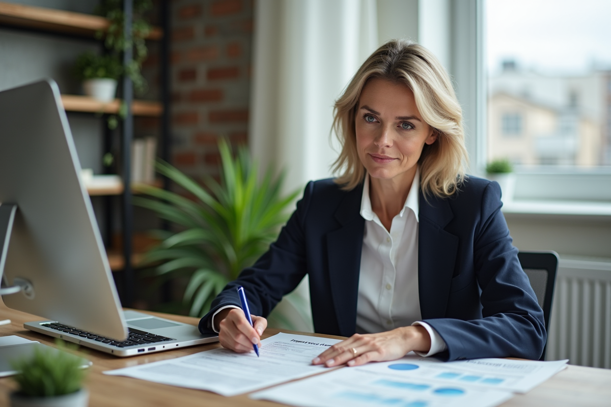 Femme d'affaires signant un document d'assurance dans un bureau lumineux