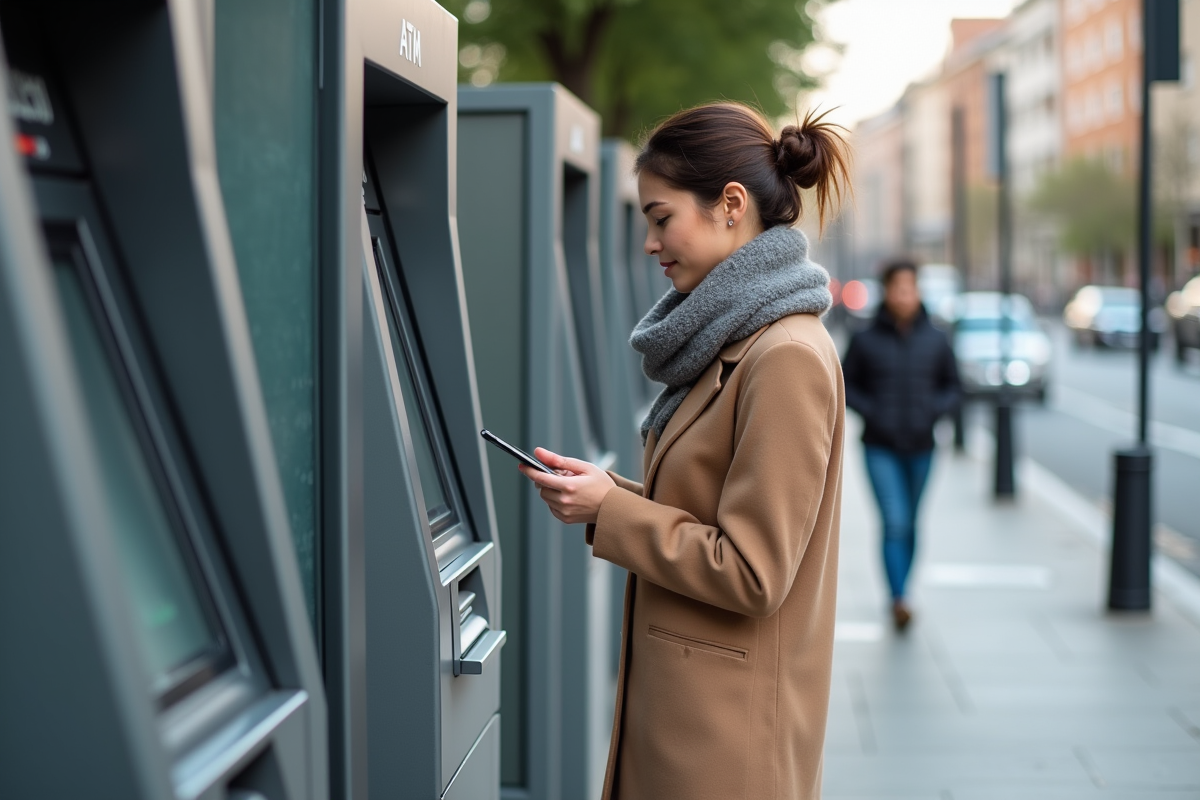 Femme utilisant un distributeur automatique en ville