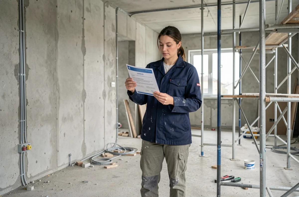 Femme auto-entrepreneur du bâtiment vérifiant son attestation d'assurance décennale sur un chantier