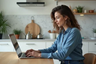 Femme utilisant un ordinateur pour la banque en ligne dans une cuisine moderne