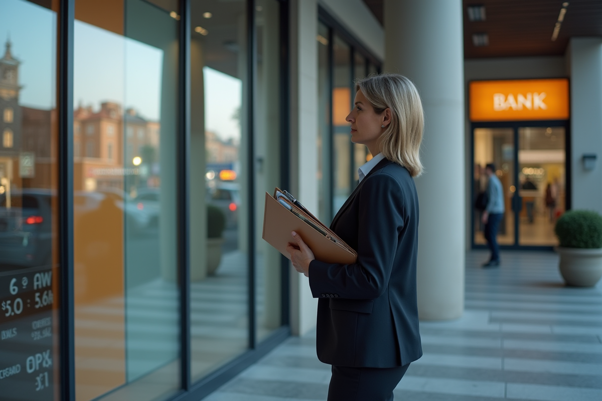 Femme d affaires regarde le tableau des taux d intérêt