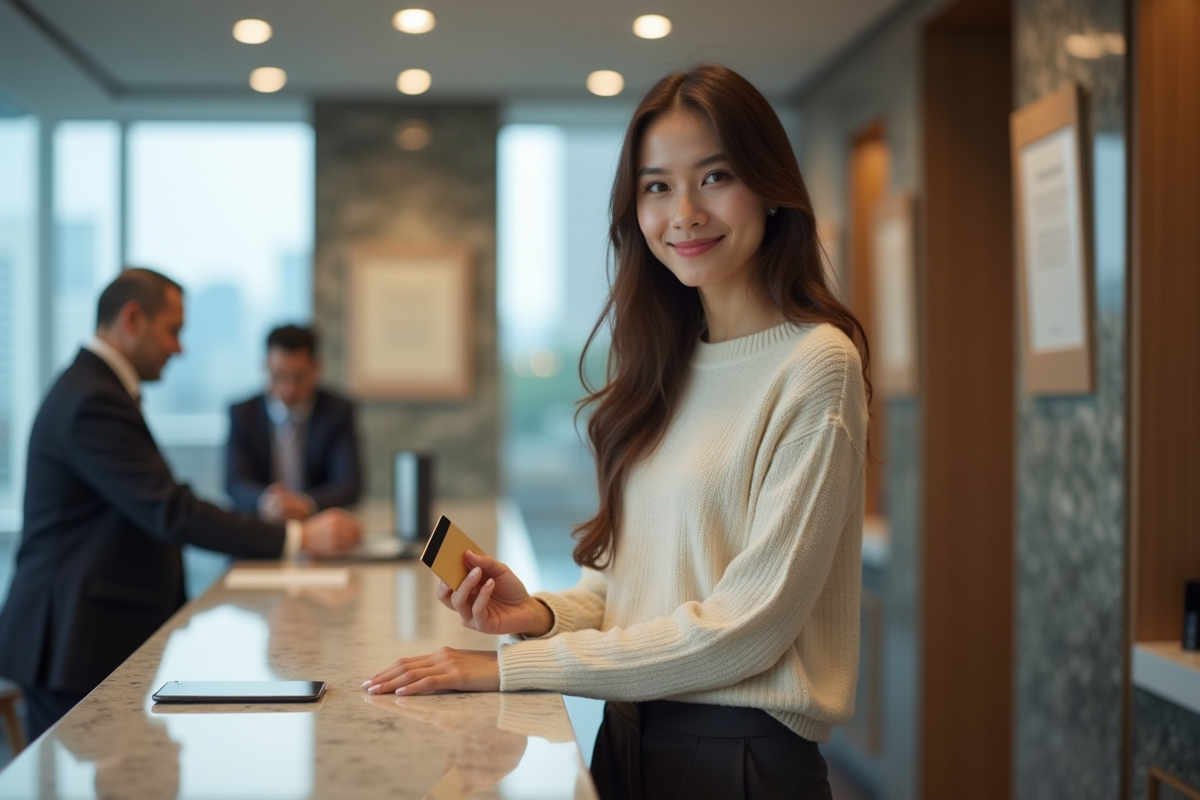 Jeune femme souriante au guichet bancaire