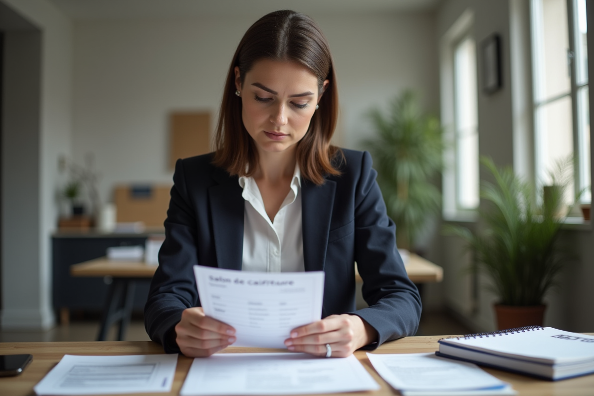 Femme au bureau examinant un reçu coiffure