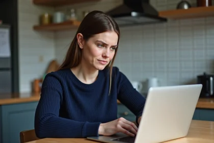 Femme frustrée travaillant sur son ordinateur à la cuisine