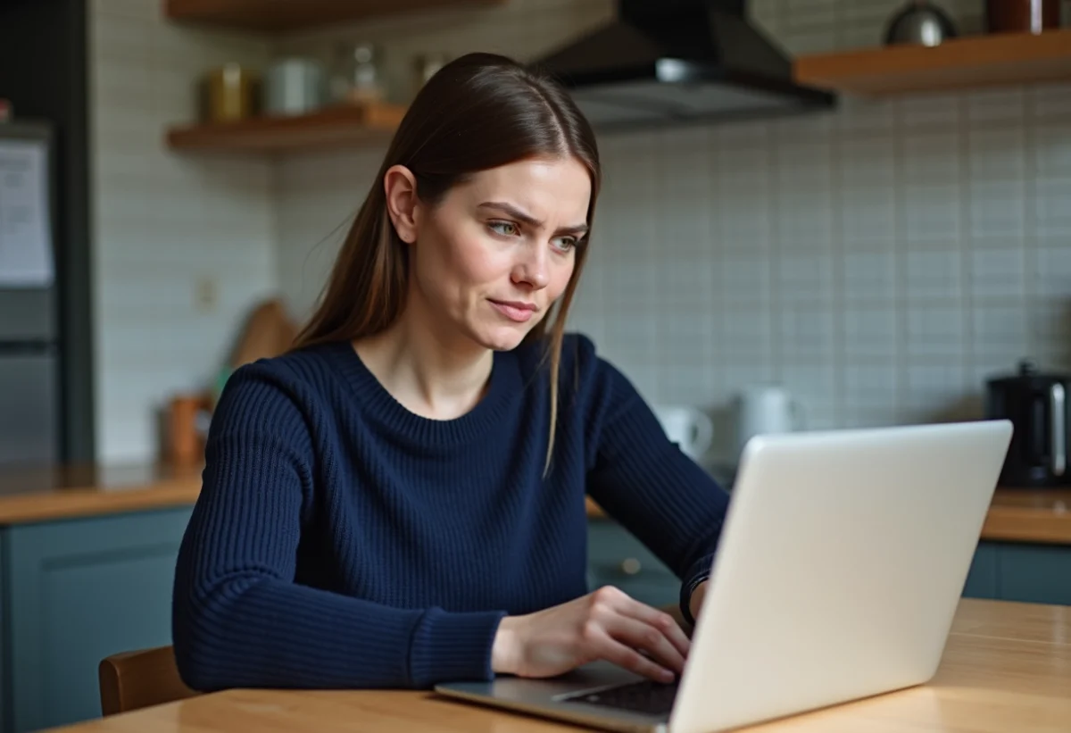 Femme frustrée travaillant sur son ordinateur à la cuisine