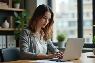 Femme professionnelle au bureau à domicile avec ordinateur