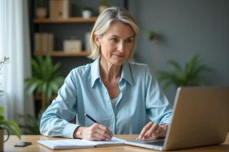 Femme d'âge moyen travaillant sur son ordinateur dans un bureau moderne
