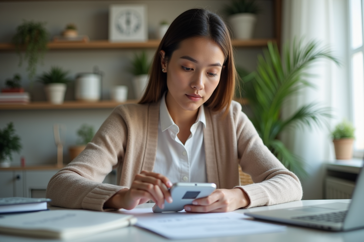 Jeune femme professionnelle examine un appareil électronique dans un bureau à domicile