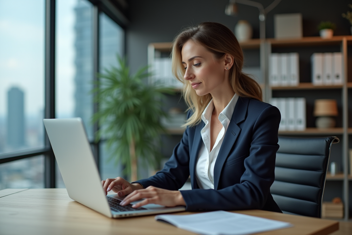 Femme confiante en costume bureau tapant sur un ordinateur