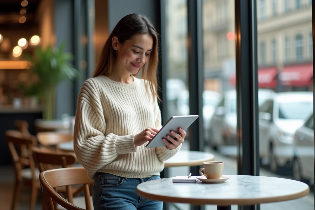 Femme vérifiant des graphiques financiers au café