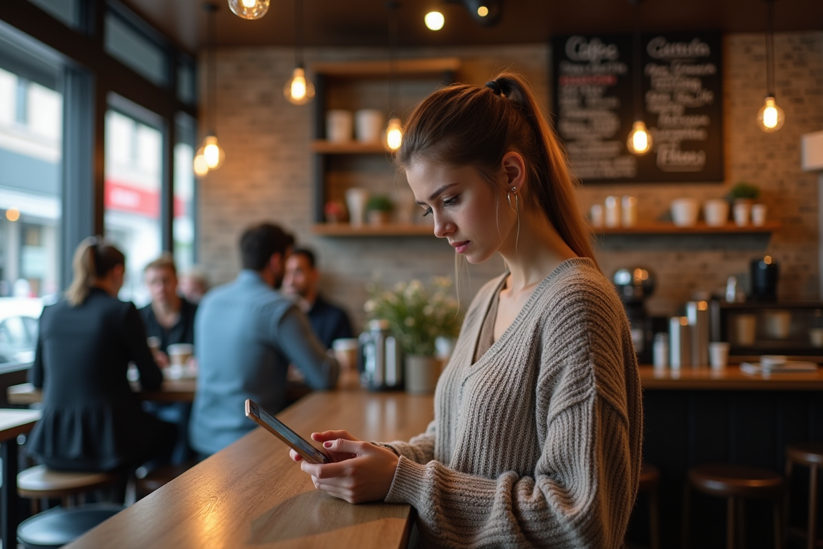 Femme concentrée lisant sa tablette dans un café animé