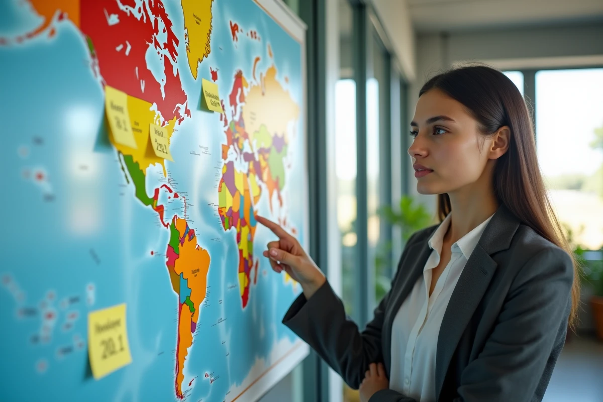 Jeune femme pointant une note sur une carte du monde avec GDP