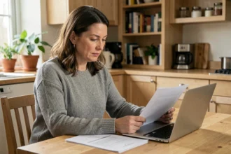 Femme d'une quarantaine d'années qui compare des offres de mutuelle santé sur ordinateur et documents papier à la maison