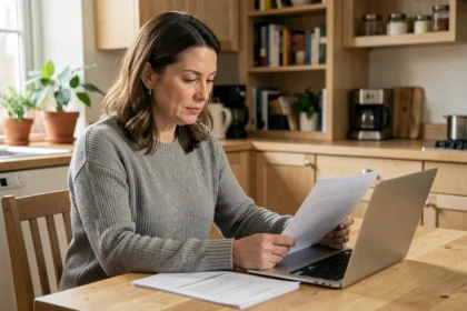 Femme d'une quarantaine d'années qui compare des offres de mutuelle santé sur ordinateur et documents papier à la maison
