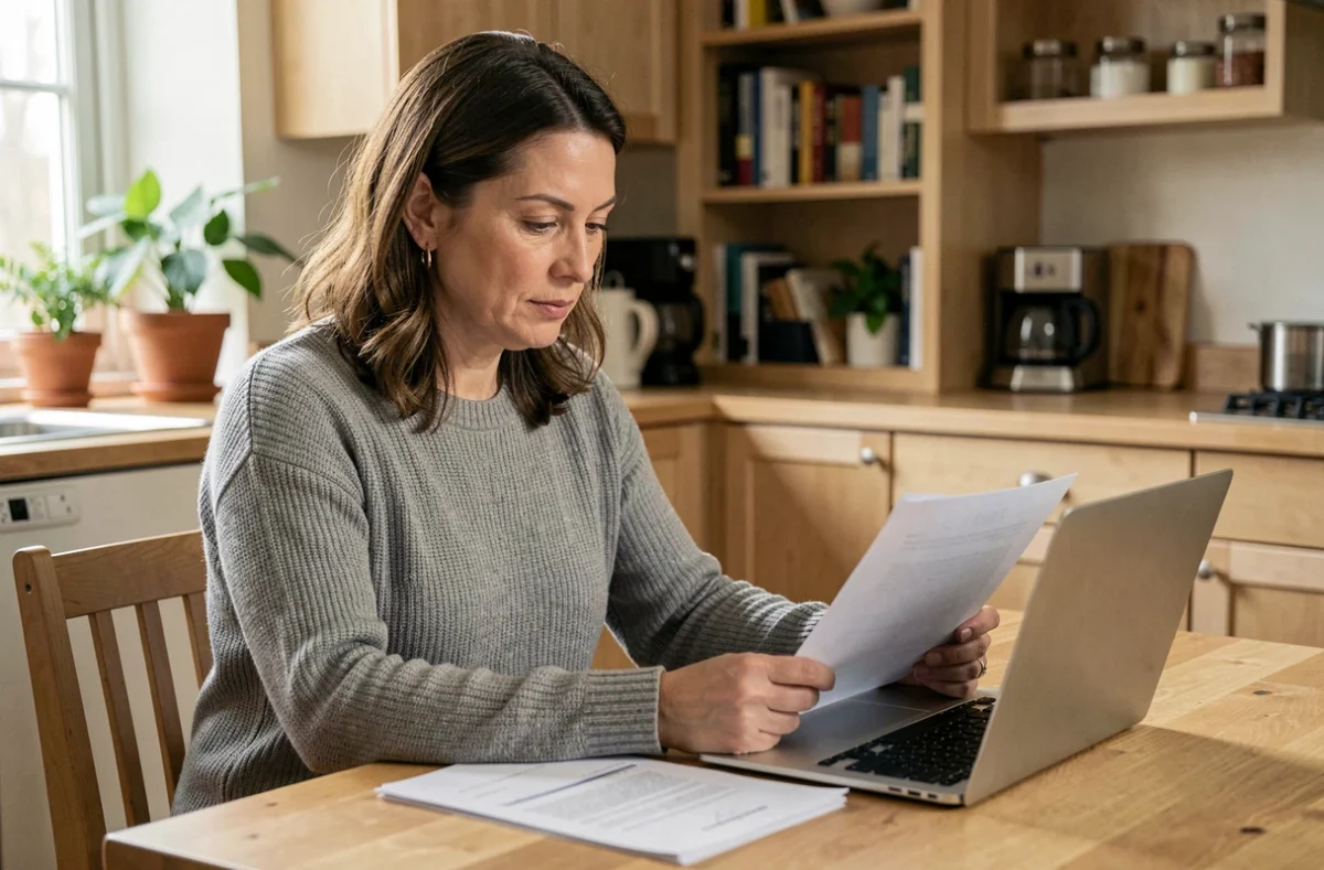 Femme d'une quarantaine d'années qui compare des offres de mutuelle santé sur ordinateur et documents papier à la maison