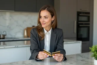 Femme en blazer compare deux cartes de crédit à la maison