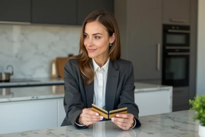 Femme en blazer compare deux cartes de crédit à la maison