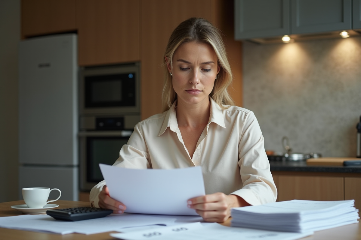Femme concentrée avec calculatrice et factures à la maison