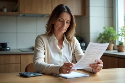 Femme d'âge moyen vérifiant un relevé bancaire à la maison