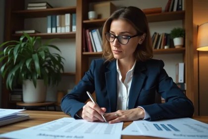 Femme comptable analysant des documents fiscaux liés à la franchise en base de TVA article 293 B du CGI