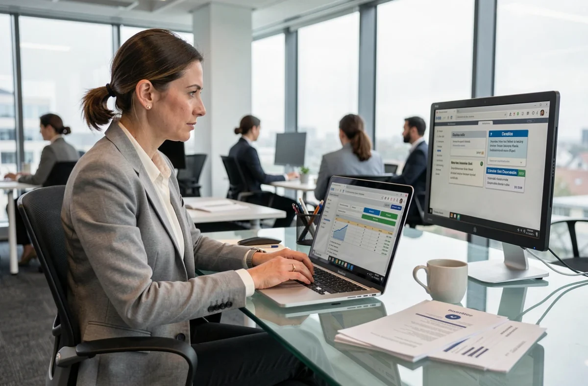 Femme comptable travaillant sur un logiciel de comptabilité avec date limite de bilan visible sur écran