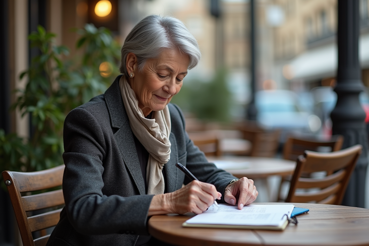 Femme âgée comptant des reçus à une table de café en extérieur