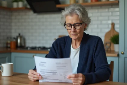 Femme consultant son relevé de livret A à la maison, inquiète des changements de taux d'intérêt en 2026